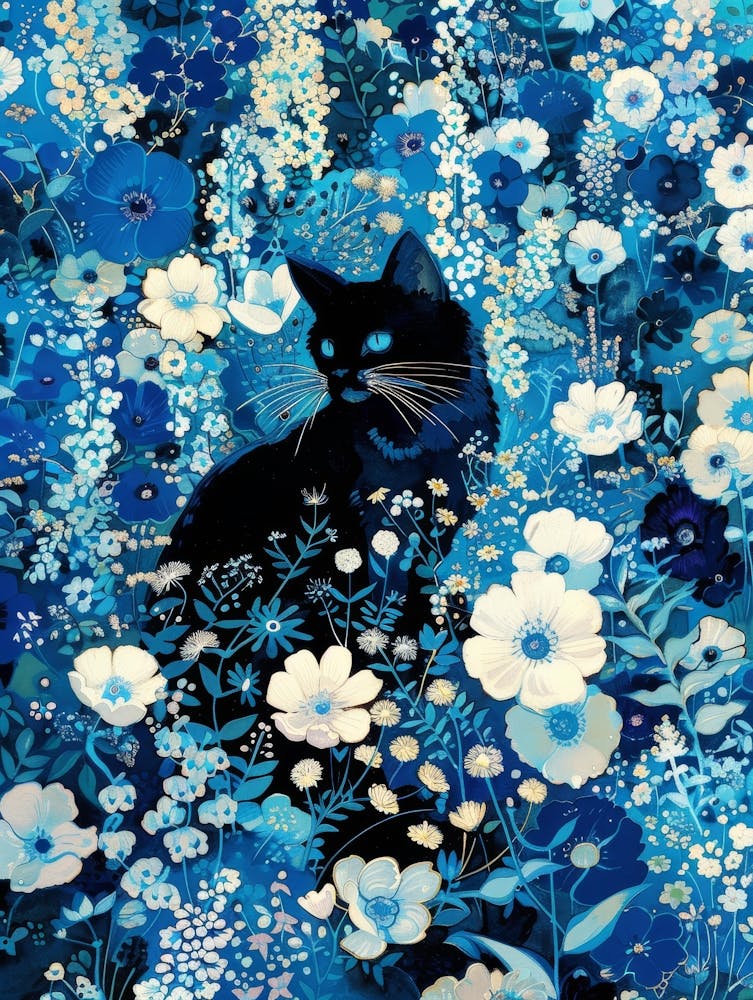 Schwarze Katze In Blauen Blumen 7