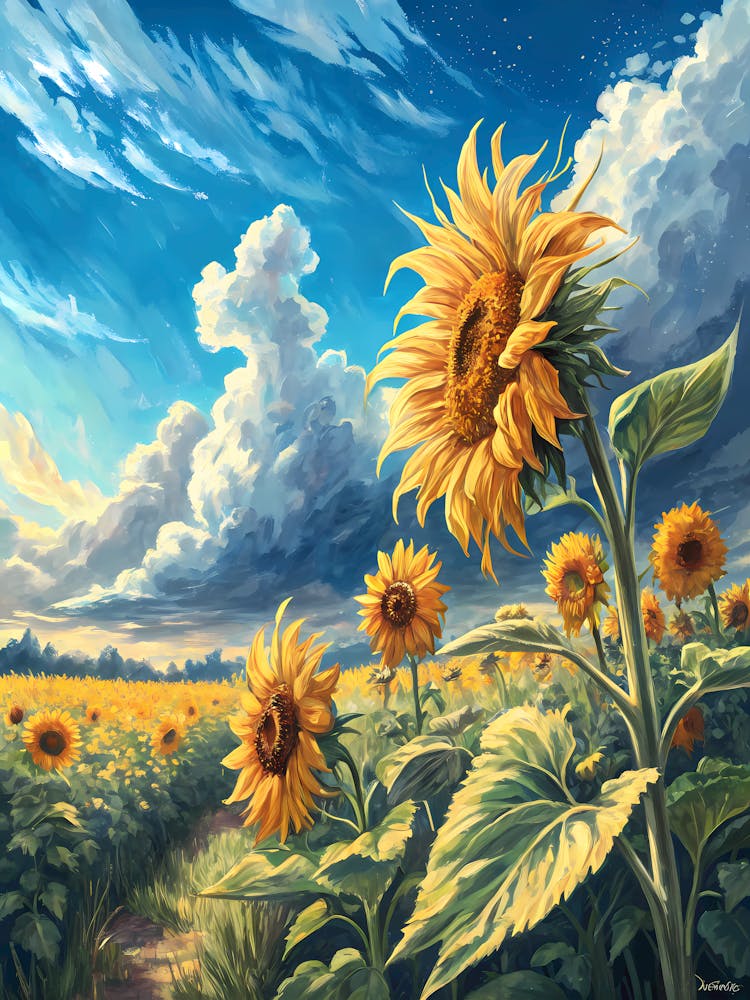 A Field of Sunflowers Swaying in the Wind Oil Painting Style