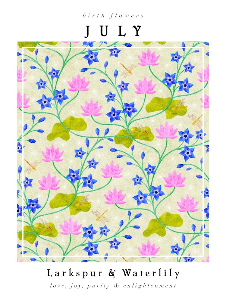 Larkspur & Water Lily July Birth Flower Print