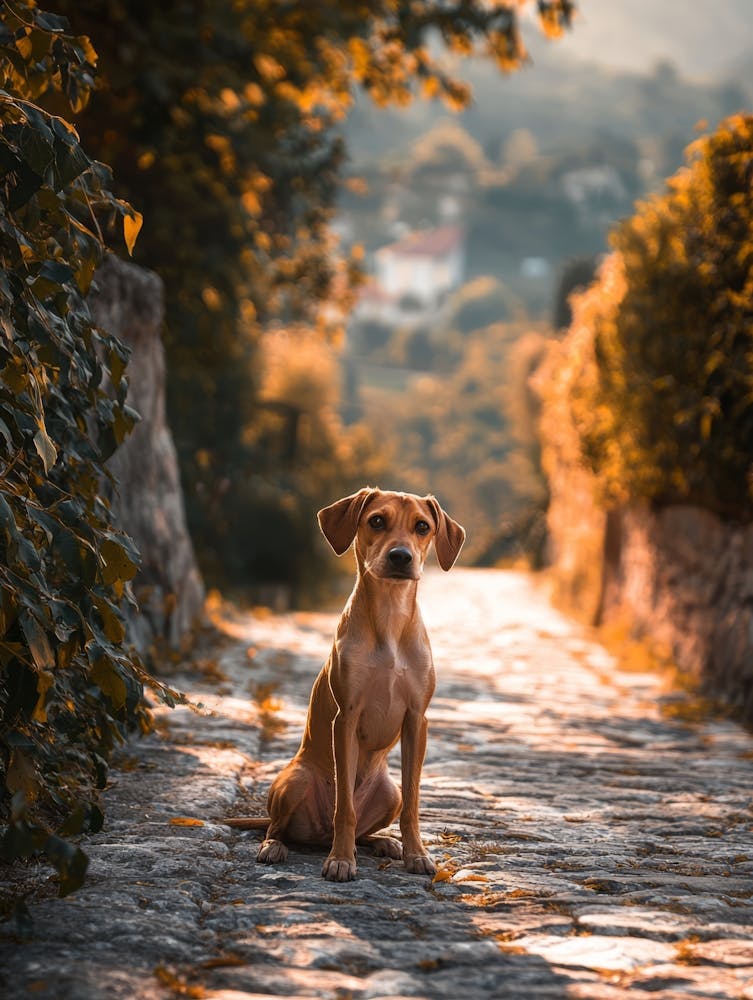 Dog Sitting On Cobblestone Road. Generated AI.