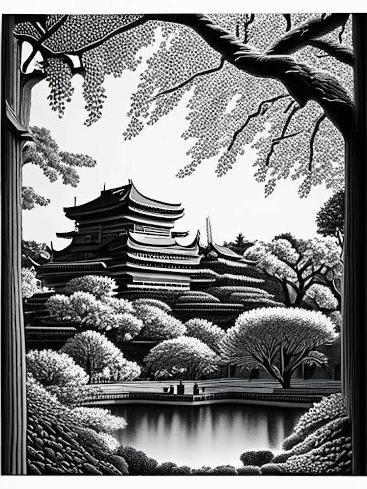 Osaka Castle Park, Japan Linocut Black And White Vintage