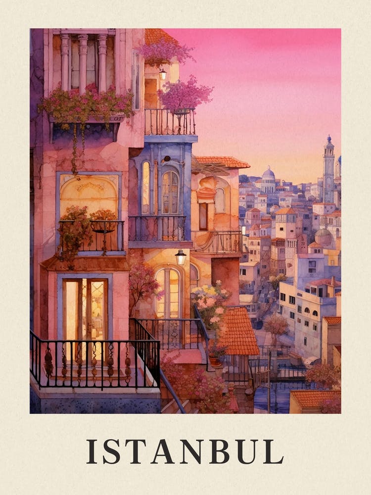 Istanbul Turkey 7 Vintage Pink Travel Illustration Poster