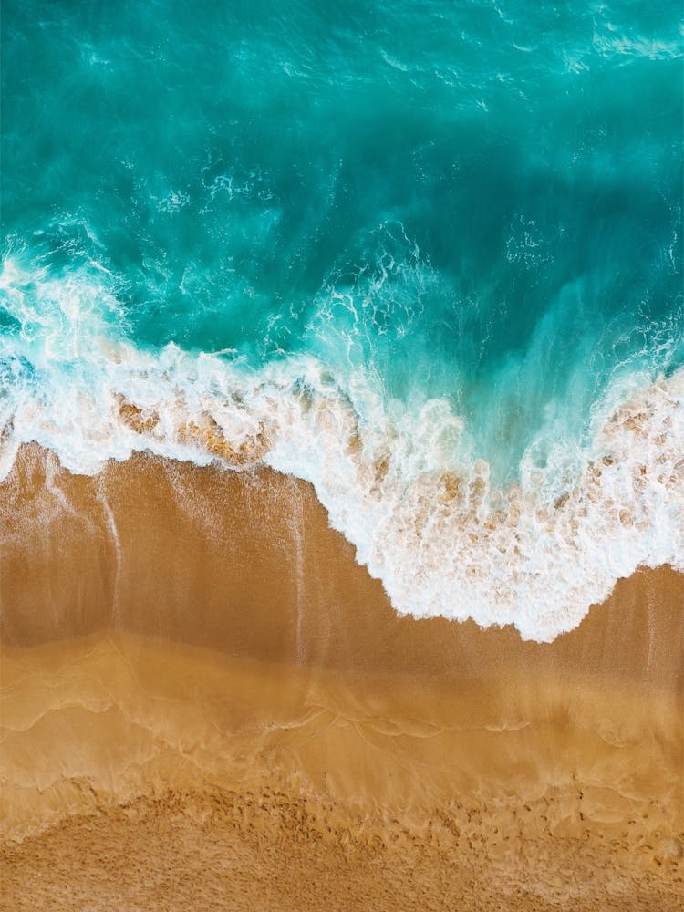 Greece, Seaside, beach and wave #4. Aerial view beach print. Sea foam