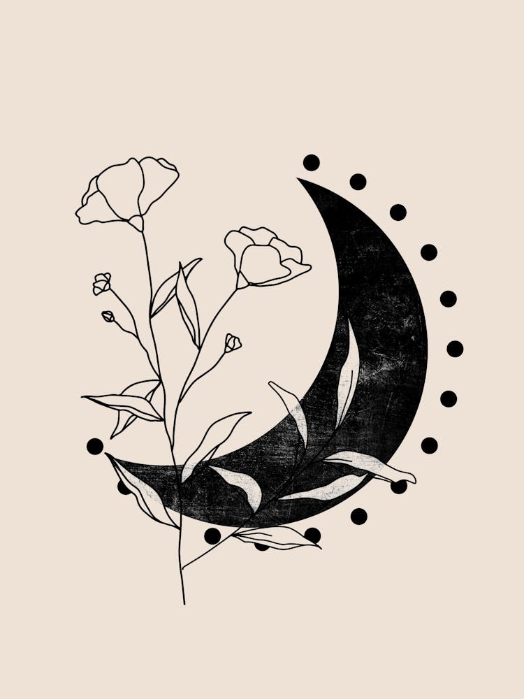 Boho Moon And Line Flowers in Black and Beige