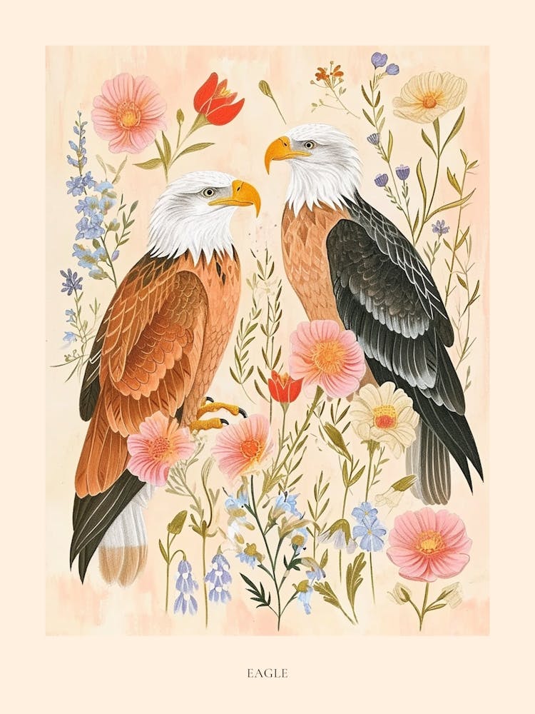 Folksy Floral Animal Drawing Eagle Poster