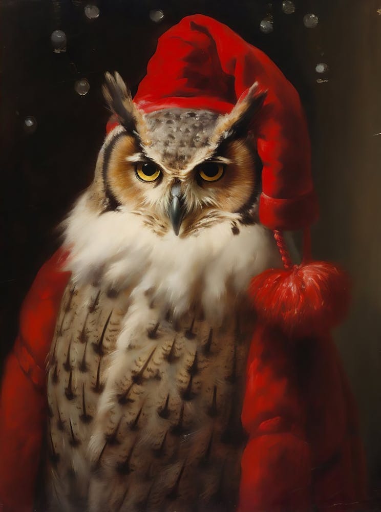 Christmas Santa Owl Vintage Portrait, Dressed Animal Print, Festive Wall Art, Christmas Animal Printable Wall Art, Vintage Xmas 1
