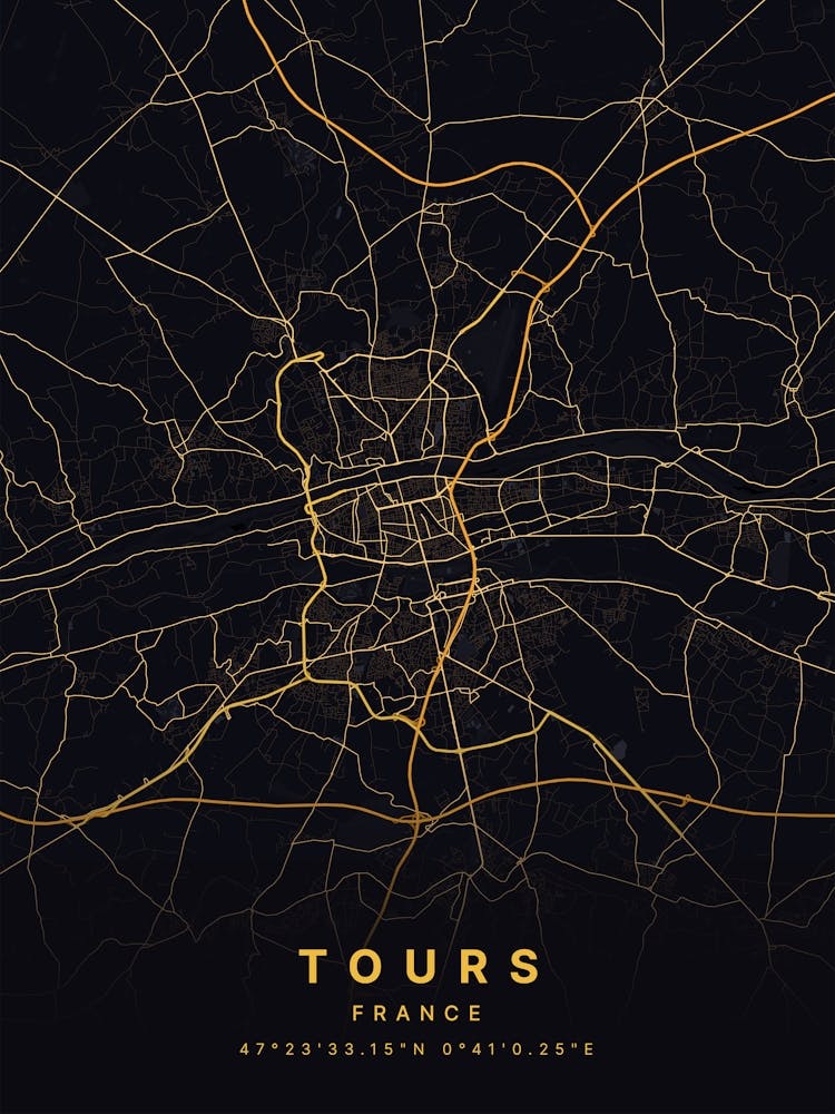 Tours Frankreich Schwarz und Gold Karte