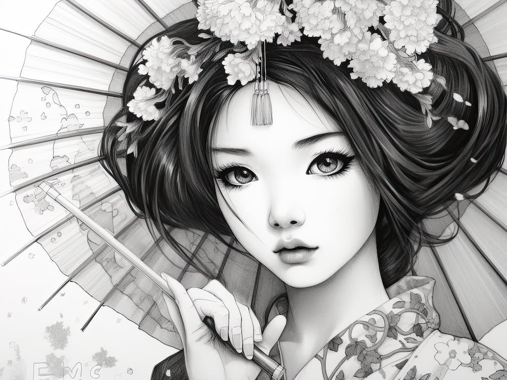 Anime Style Geisha Black And White 3