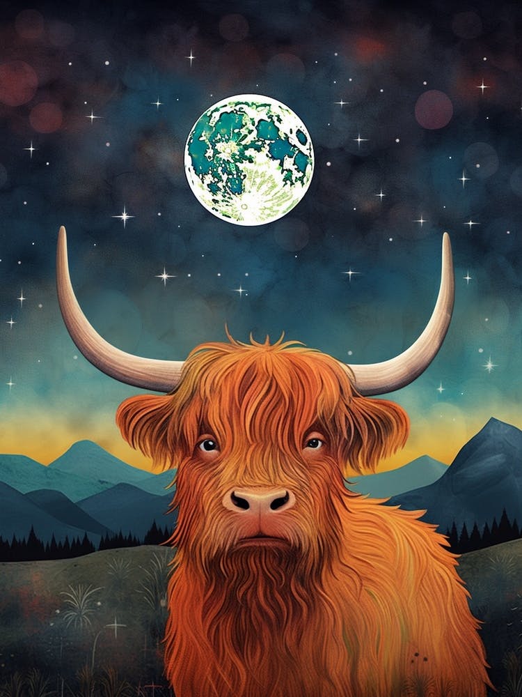 Highland Cow In Moonlight Textured Illustration 2