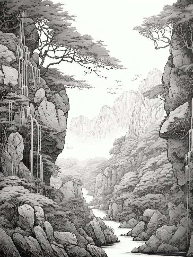 Yakushima Island In Kagoshima, Ukiyo E Black And White Line Art Drawing 3