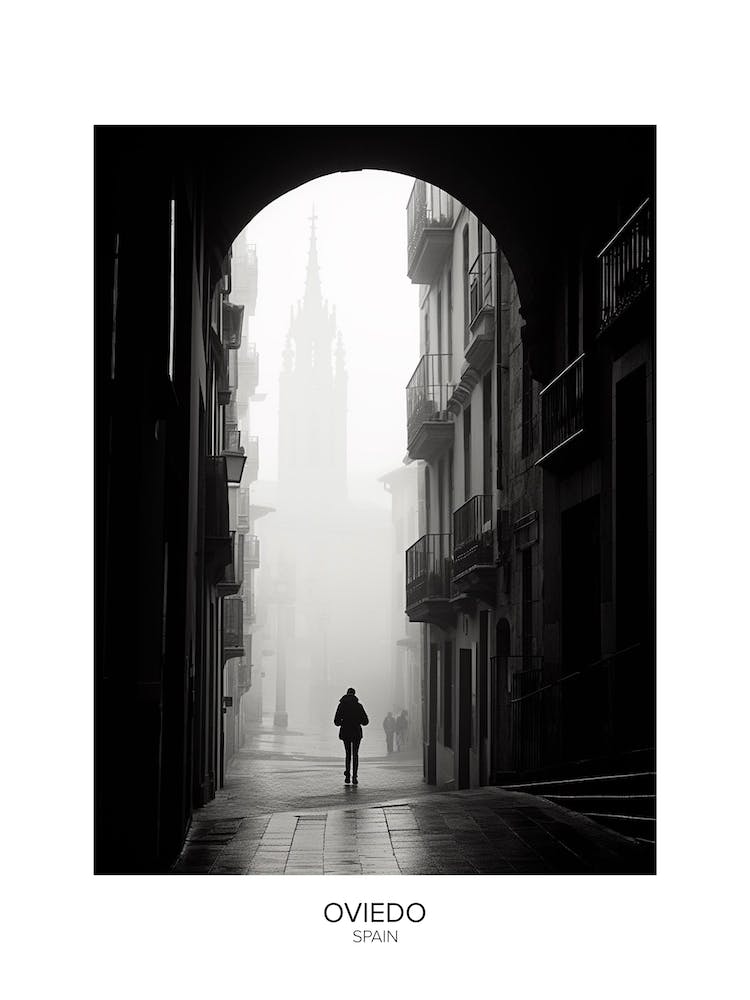 Poster Of Oviedo, Spain, Black And White Analogue Photography 1