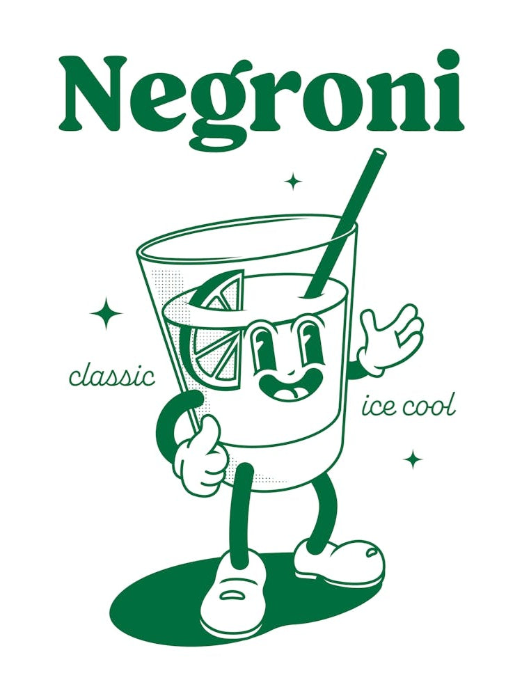 Negroni Cocktail Vintage Retro Cartoon Illustration In Green