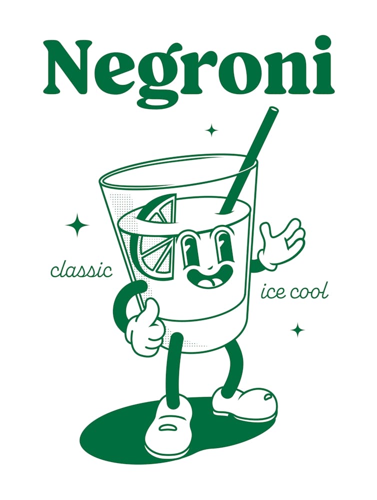 Negroni Cocktail Vintage Retro Cartoon Illustration In Green