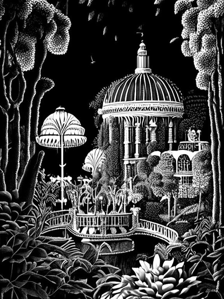 Tivoli Gardens, Italy Linocut Black And White Vintage