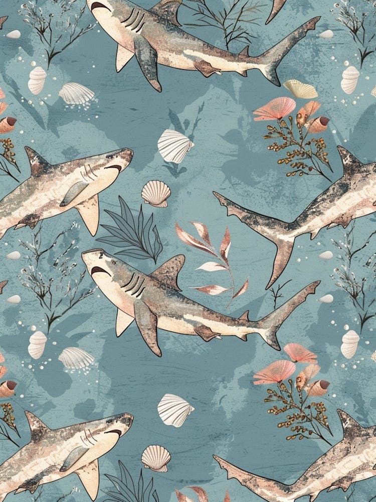 Pastel Blue Shark Watercolour Seascape Pattern 1