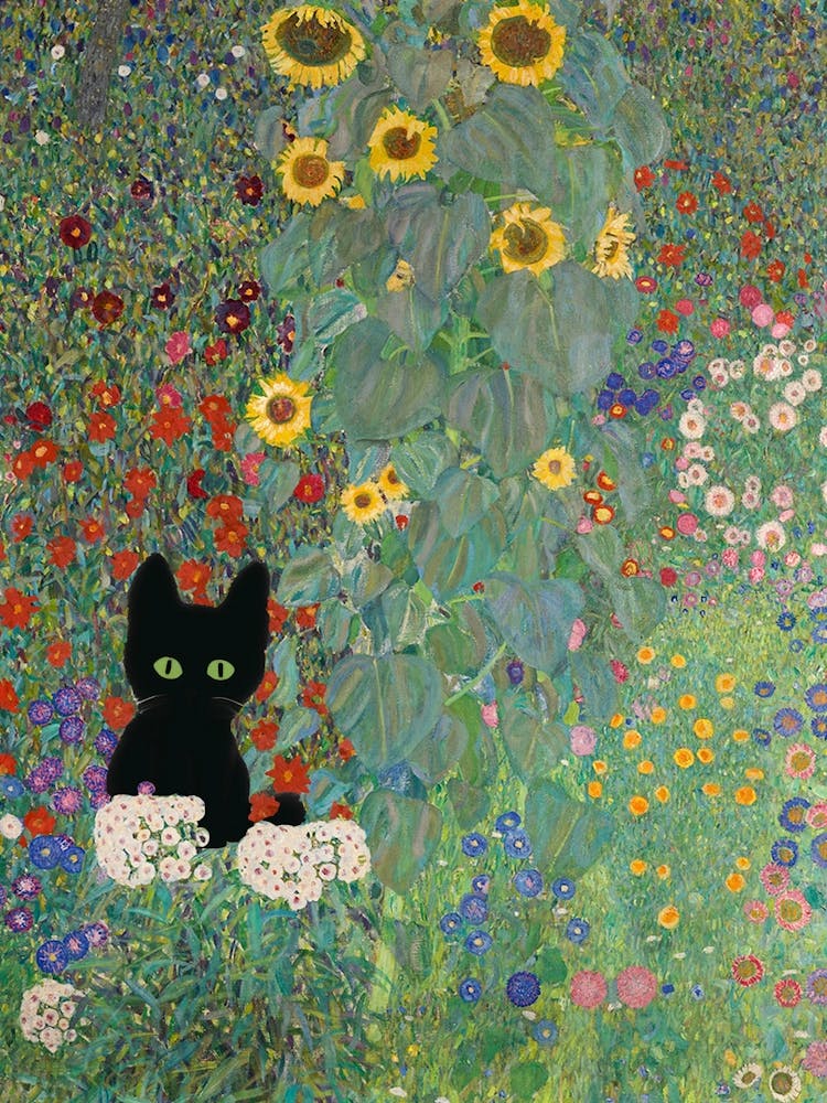 Gustav Klimt Inspired , Farm Garden With Sunflowers And A Black Cat