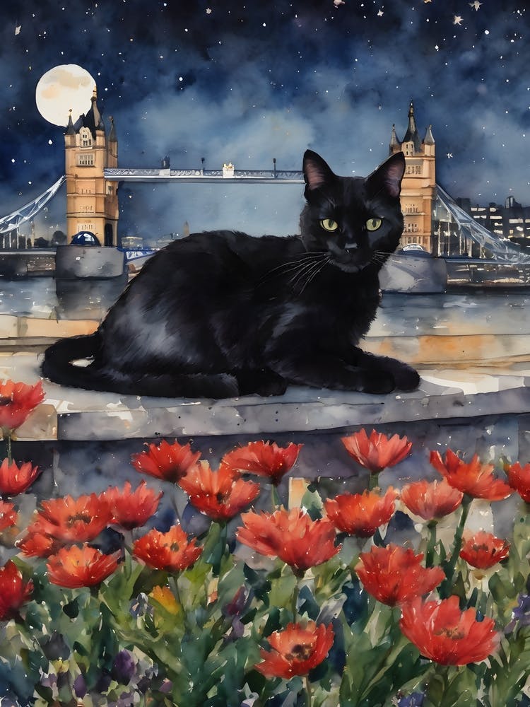 Black Cat in London Tower Bridge At Night - England Iconic Cityscapes Flowers Full Moon Britain Traditional Watercolor Kitty Travels Home and Room Wall Art Cool Decor Klimt and Matisse Inspired Modern Awesome Cool Unique Pagan Witchy Witches Familiar Gift