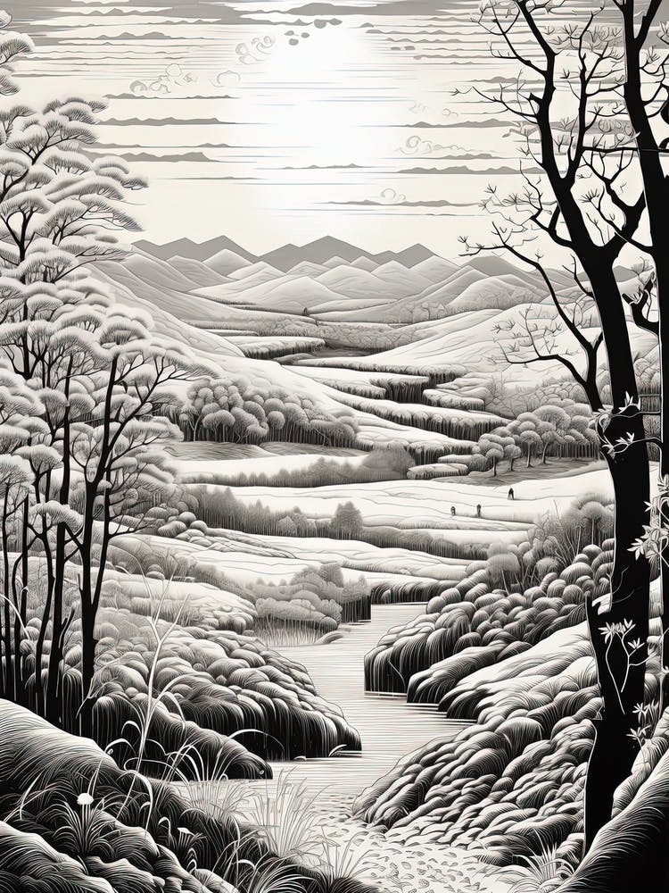 Aso Kuju National Park In Kumamoto, Ukiyo E Black And White Line Art Drawing 1