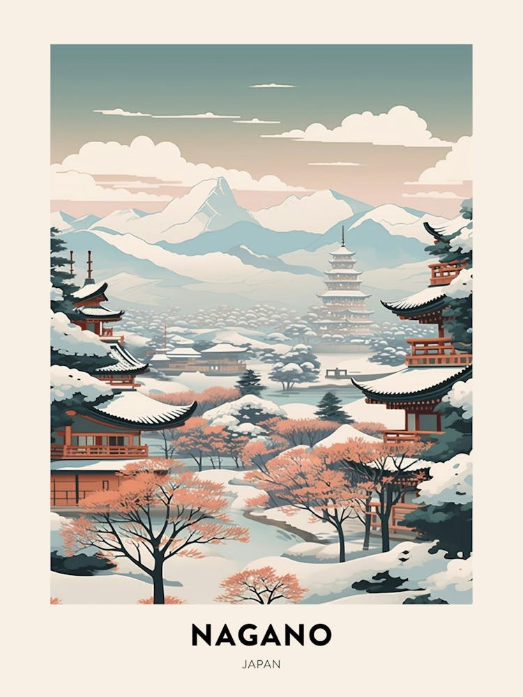 Vintage Winter Travel Poster Nagano Japan 2