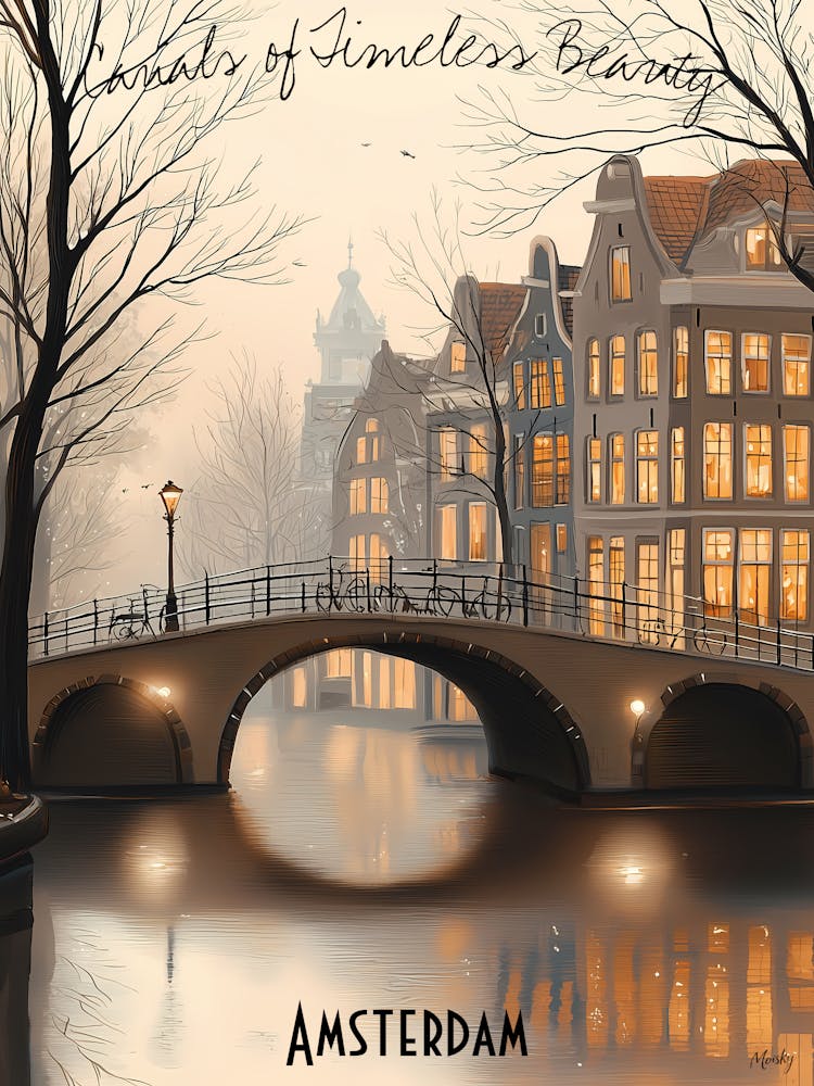 Amsterdam, minimalist soft tones palette, watercolor poster