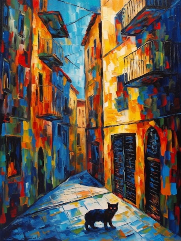 Painting Of Barcelona With A Cat In The Style Of Expressionism 2