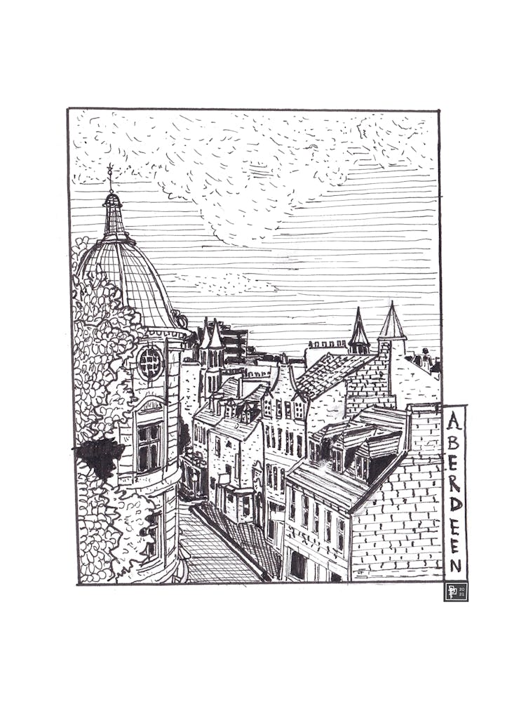 Aberdeen Scotland Town Sketch - Cityscape Pen & Ink Drawing - Black Fine Line Scotland Wall Decor & Gift