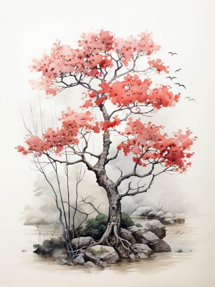 A Cherry Tree, Japanese Brush Painting, Ukiyo E, Minimal 4