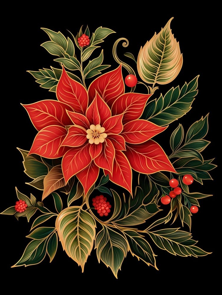 Poinsettia 3 William Morris Style Winter Florals
