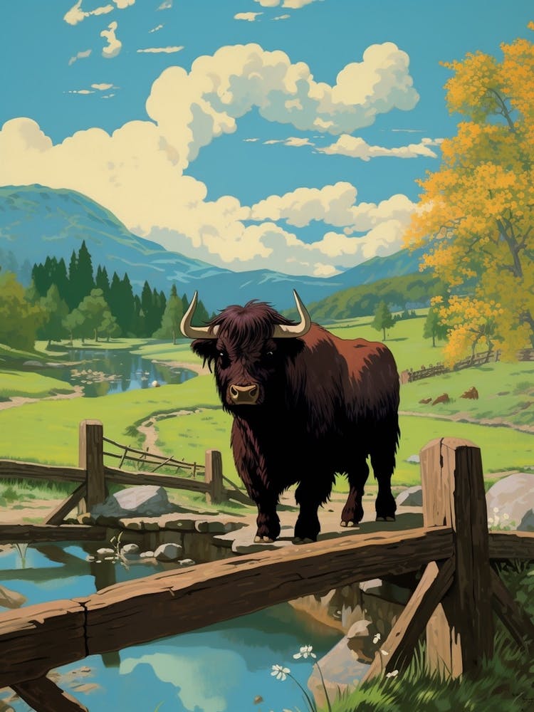 Brown Bull Crossing The Bridge With The Blue Sky