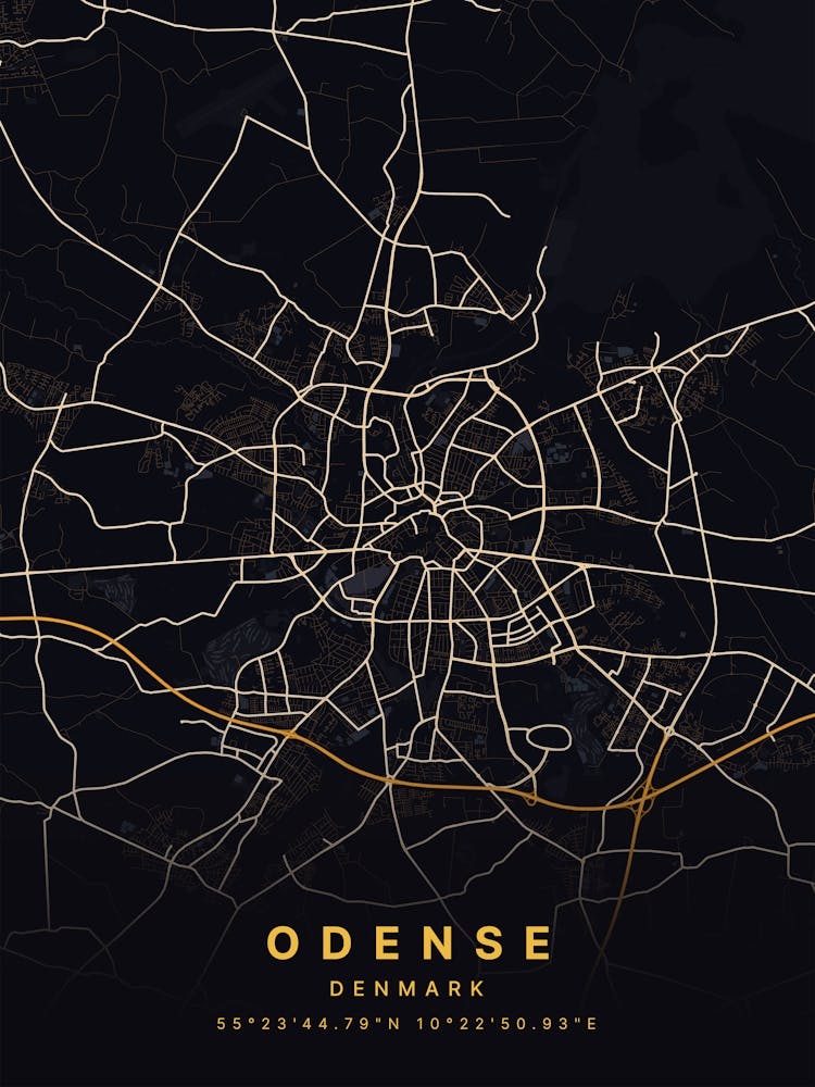 Odense Denmark Black And Gold Map