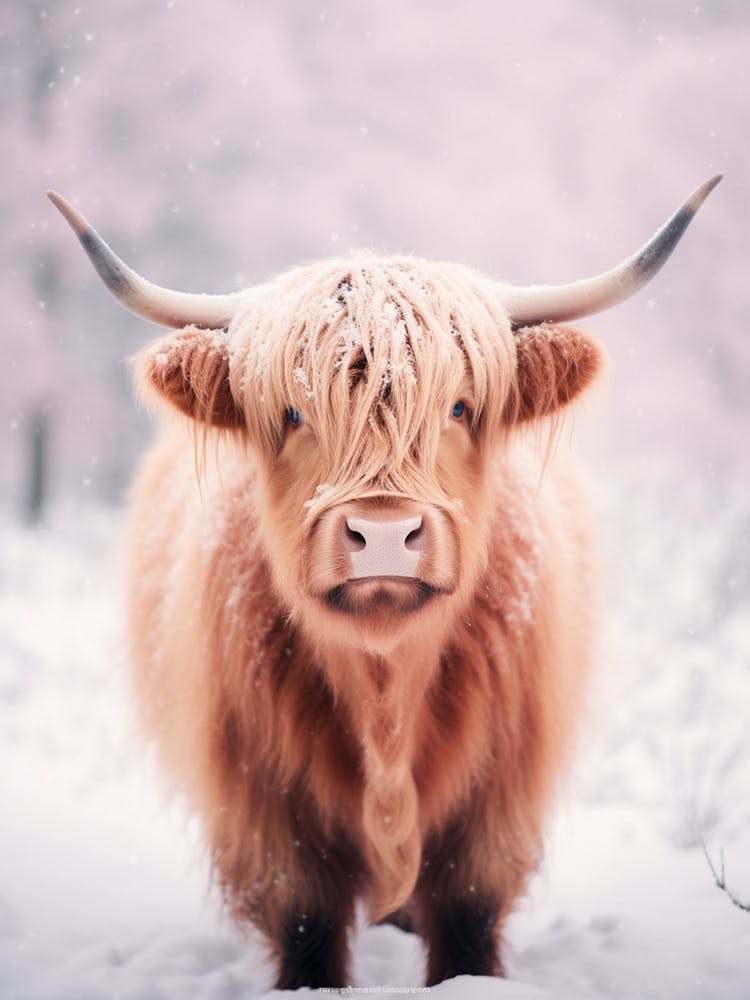 Highland Cow In The Snow Realistic Pink Photography 4