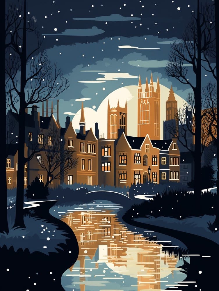 Winter Travel Night Illustration Cambridge United Kingdom 2