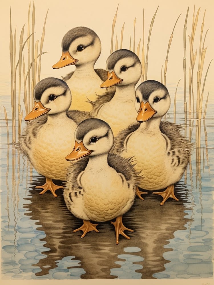 Sweet Ducklings Japanese Woodblock Style 4