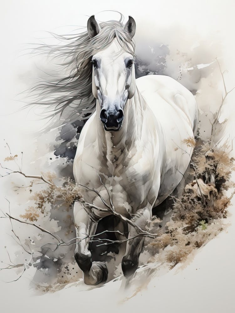 Cheval, Peinture au pinceau japonaise, Ukiyo E, Minimaliste 1