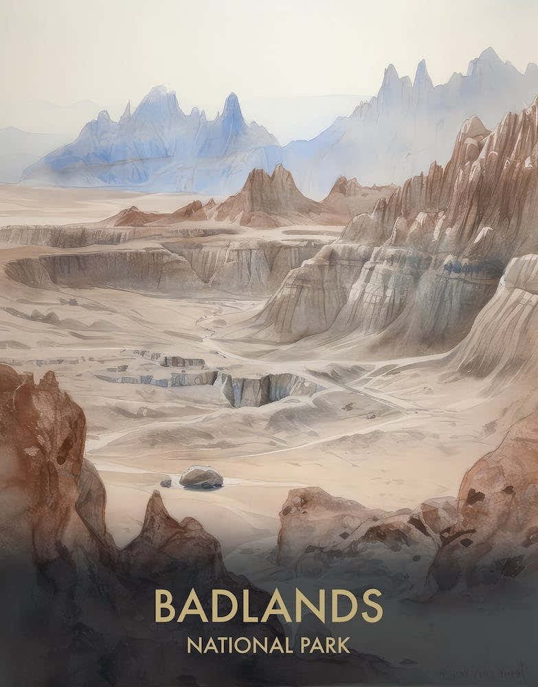 Badlands National Park Watercolour Vintage Travel Poster 2