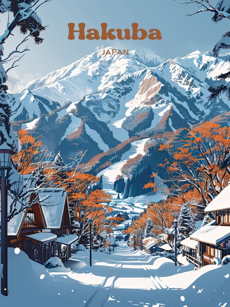 Hakuba Japan Ski Resort Digital Travel Illustration
