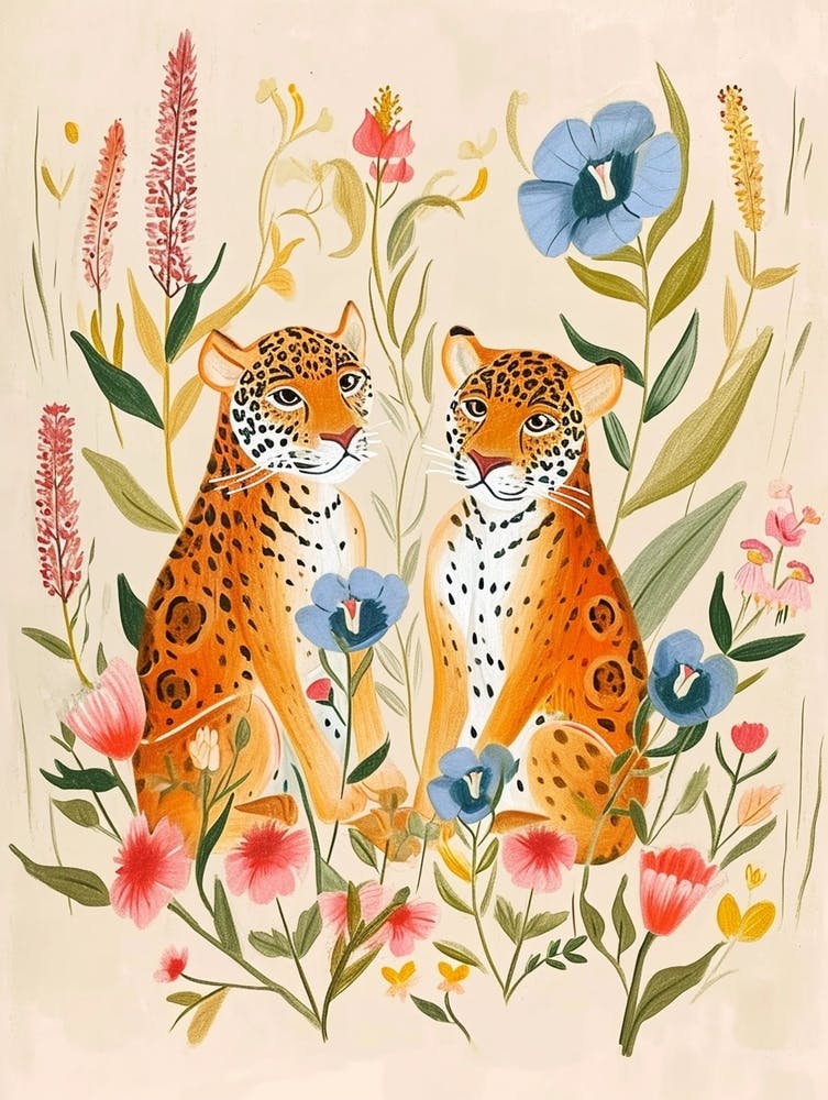 Folksy Floral Animal Drawing Leopard 5