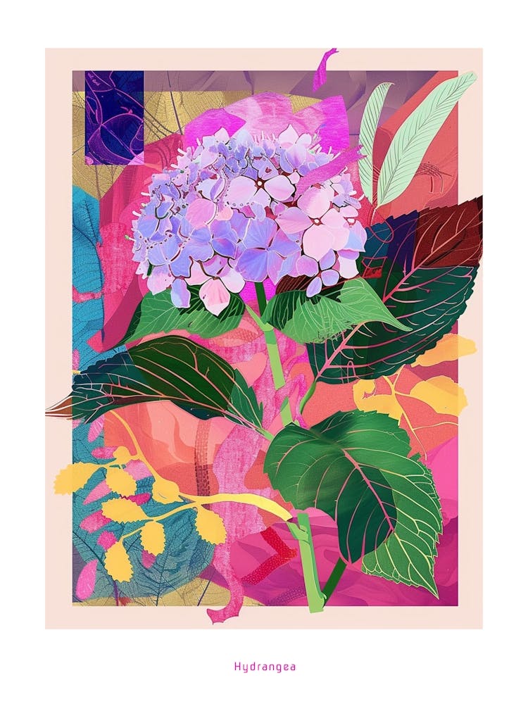 Hydrangea 3 Neon Flower Collage Poster