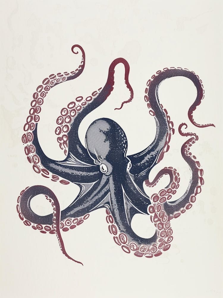 Oktopus Tanzt Mit Tentakeln Linolschnitt Inspiriert 1
