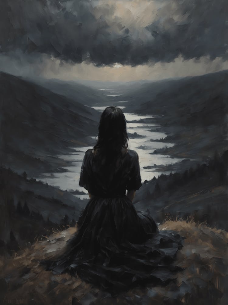 Horizon - Dark Aesthetic Moody Art of a Woman Sitting in Solitude Contemplating Alone at Night | Altar Wall Decor Vintage Oil Painting in HD