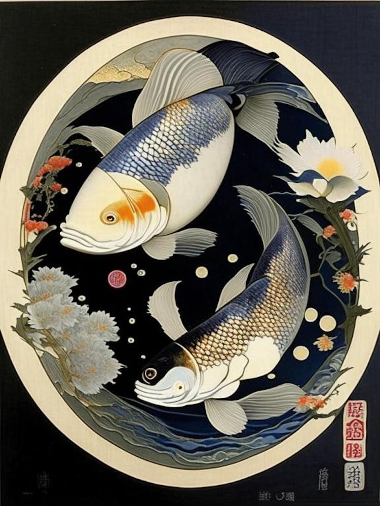 Fish Yin and Yang Japanese Ukiyo E Style
