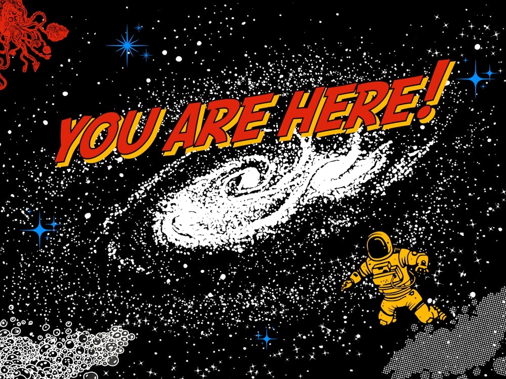 You are here, 1950s comics poster — space poster, science poster, galactic map, space map