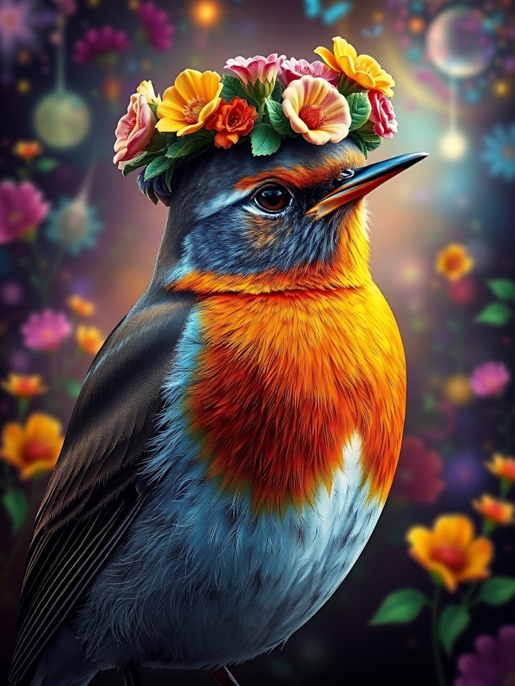 Robin With Flower Crown