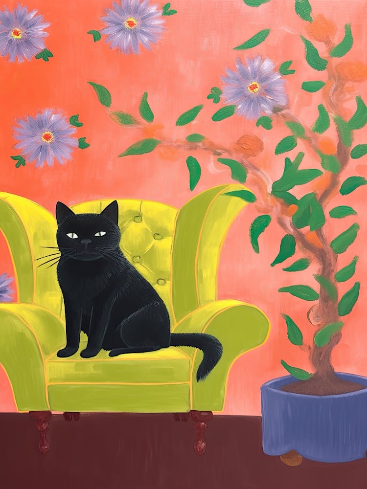 Black Cat Sitting In A Small Yellow Sofa