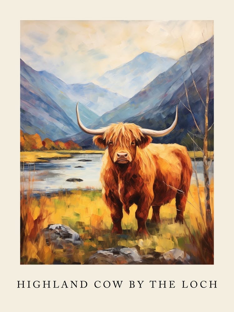 Highland Cow Impressionism Style Painting By The Loch Poster