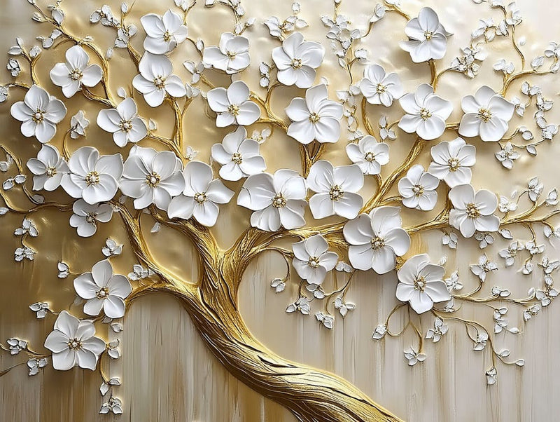 Tree Of Life. 3d Stunning Floral Tree with White Flowers Leaves on Golden Stems