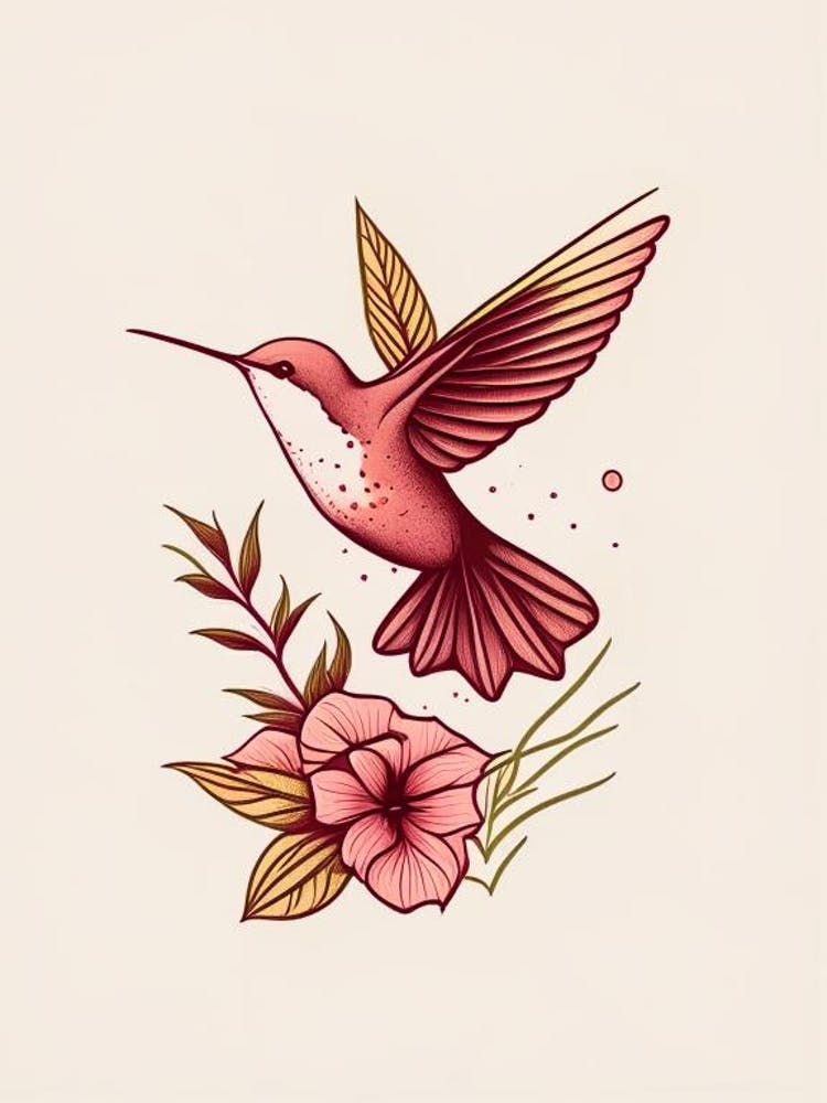 Hummingbird And Flowers Retro Minimal 2