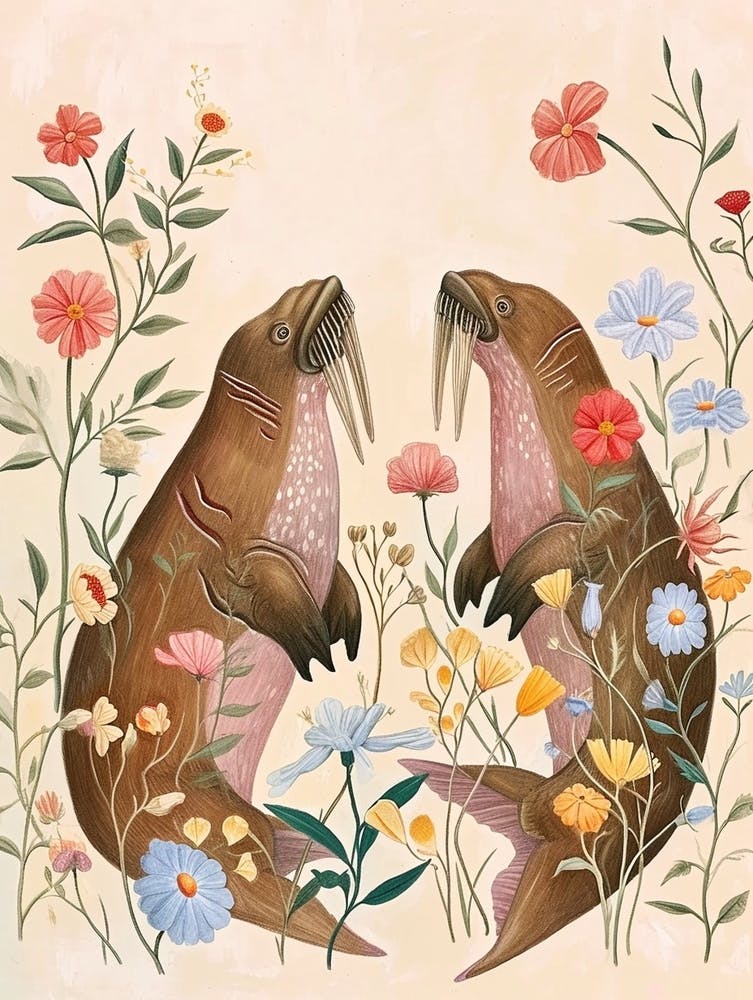 Folksy Floral Animal Drawing Walrus