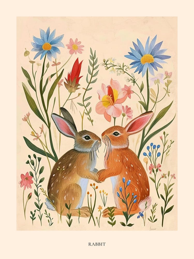 Folksy Floral Animal Drawing Rabbit 3 Poster