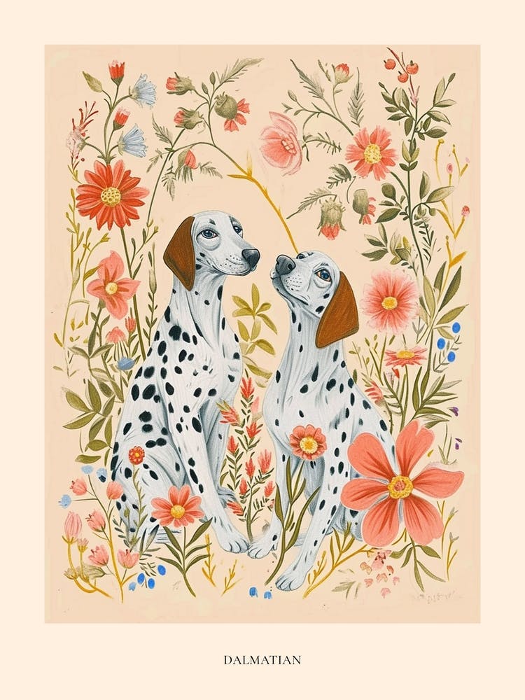 Folksy Floral Animal Drawing Dalmatian 2 Poster
